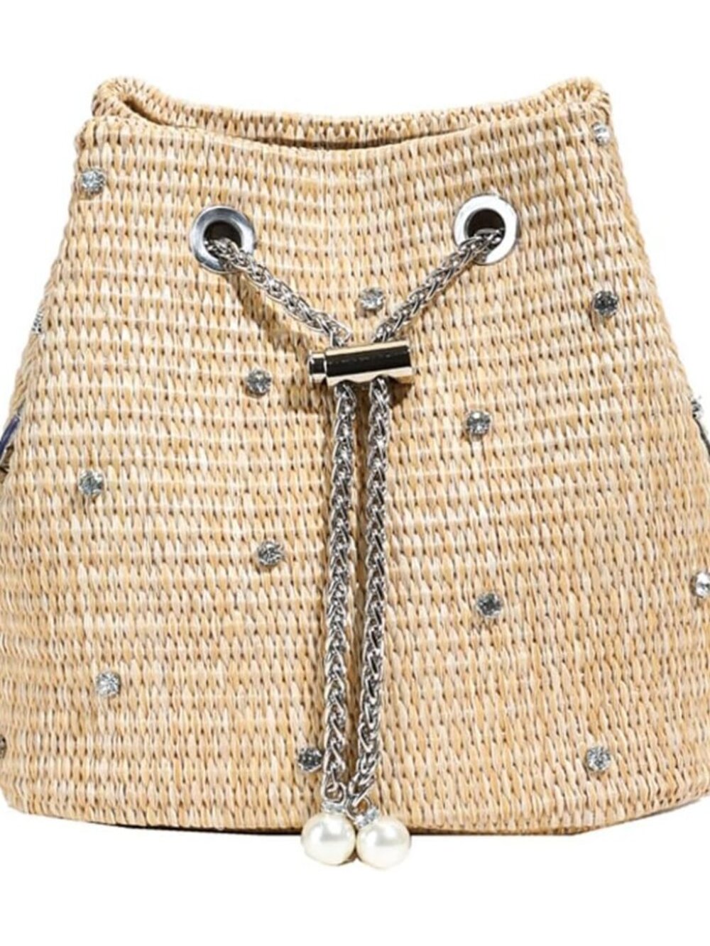 Pearl Straw Bucket Purse for Women Summer Vacation Crossbody Purses Beach Bag Be